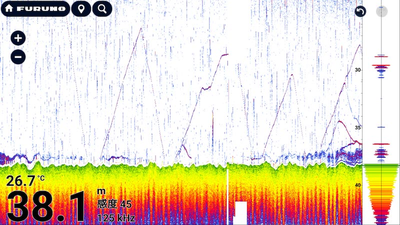 魚探映像、タイラバのジグを魚が追いかけている様子もわかる（TZMAP9） 