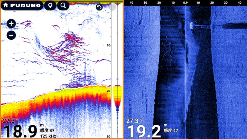 魚探画面と併記することで、魚群と自船の位置関係が把握できる（TZMAP9） 